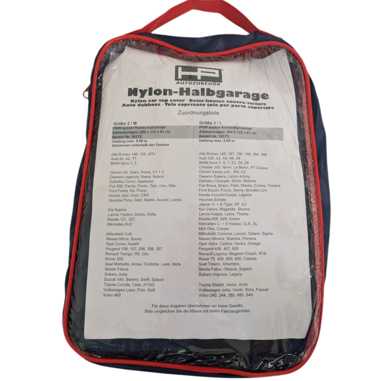 Nylon Halbgarage für Stufenheck und Schrägheckfahrzeuge Gr. L 284 x 122 x 61 cm